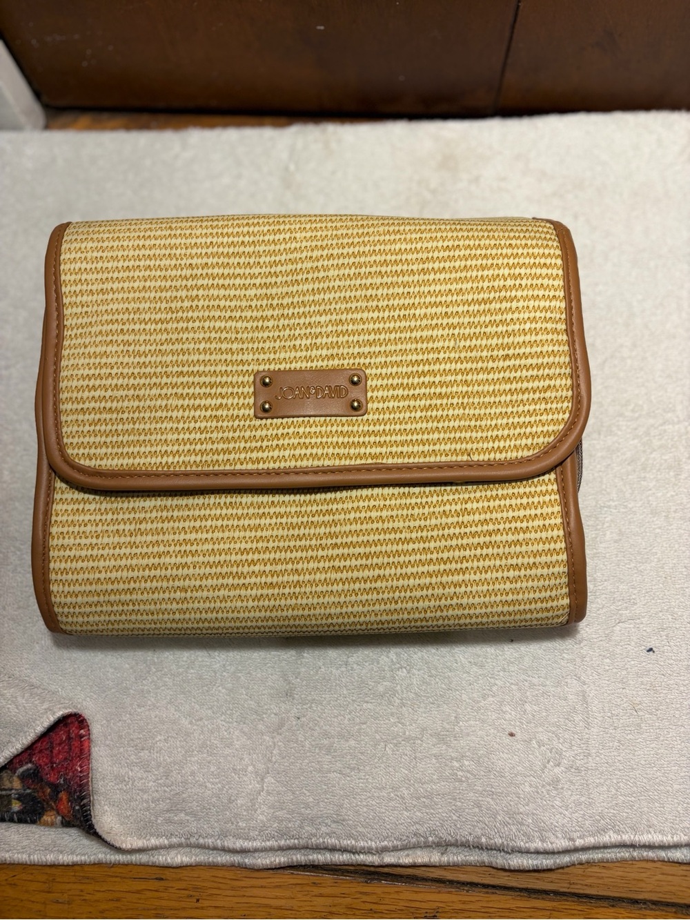 Joan & David Beige Straw Cosmetic Case with Tan Trim